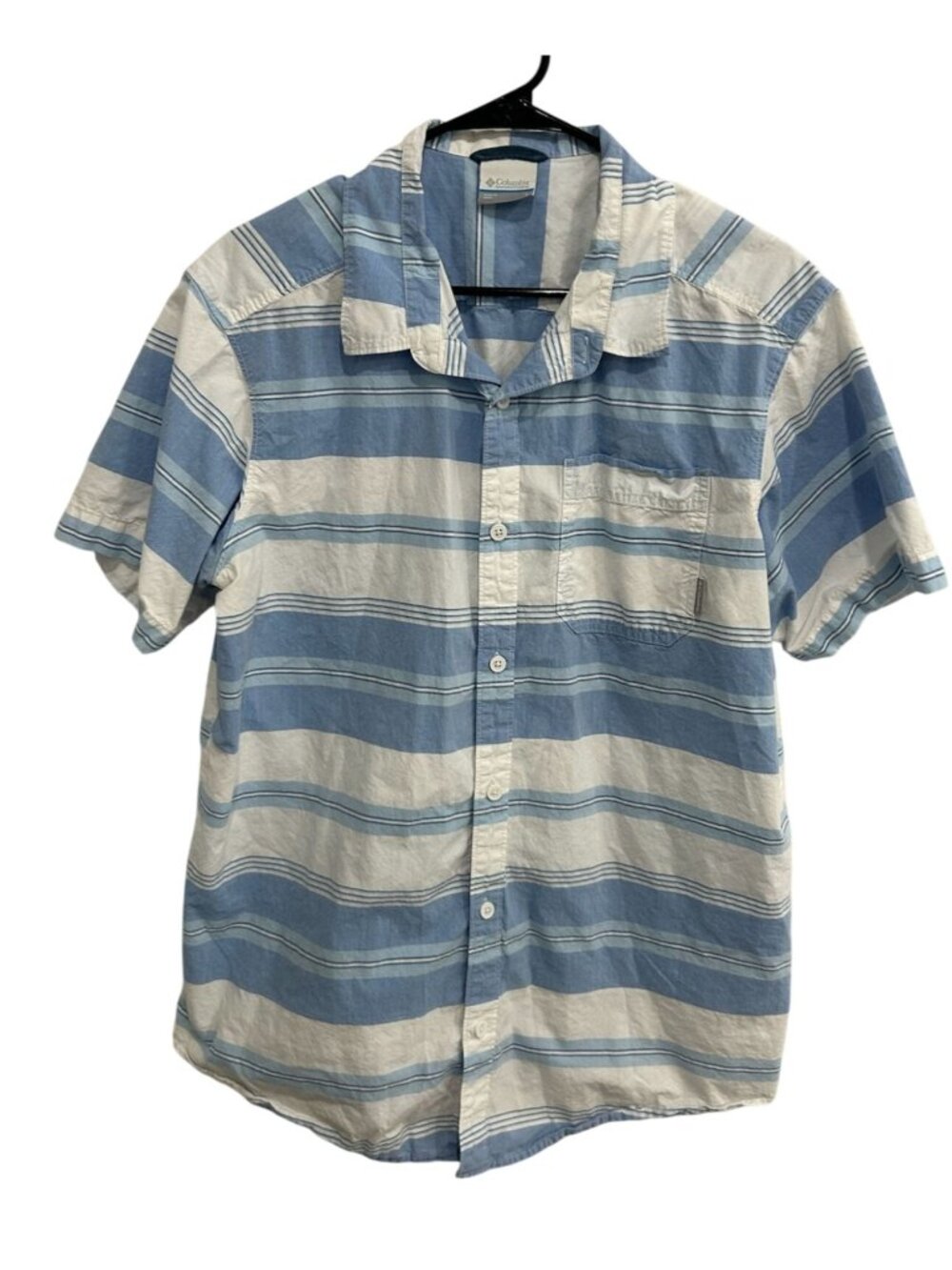 Columbia Large Blue Mens White Striped Button-Up Cotton Shirt Nomadcore Retro